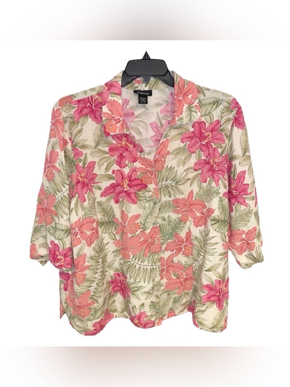 Avenue Shirt Top Women’s Size 26/28 Pink Green Stone Floral Button Front
